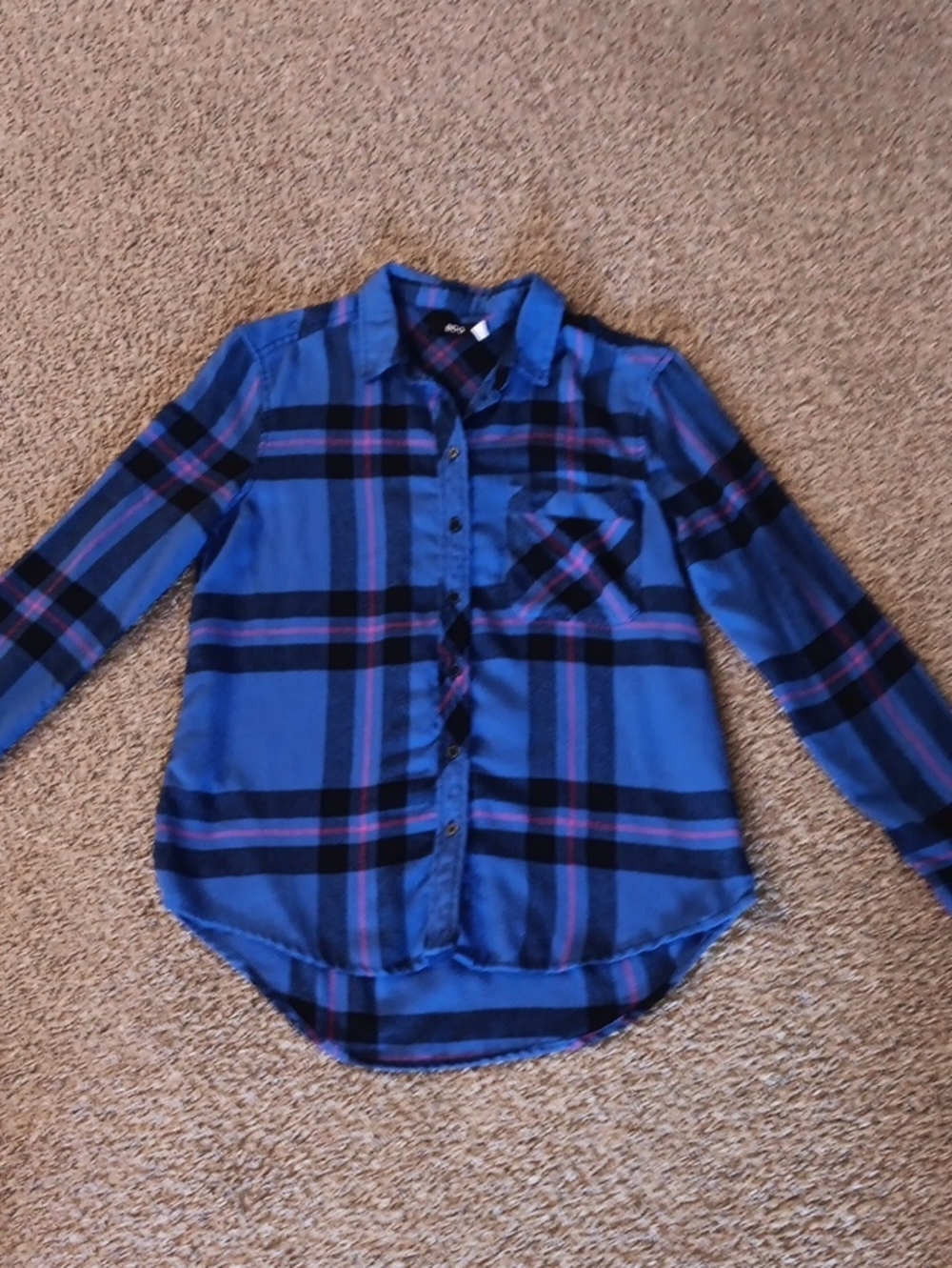 BDG Blue and Black Plaid Button-Down Shirt with Purple Accents